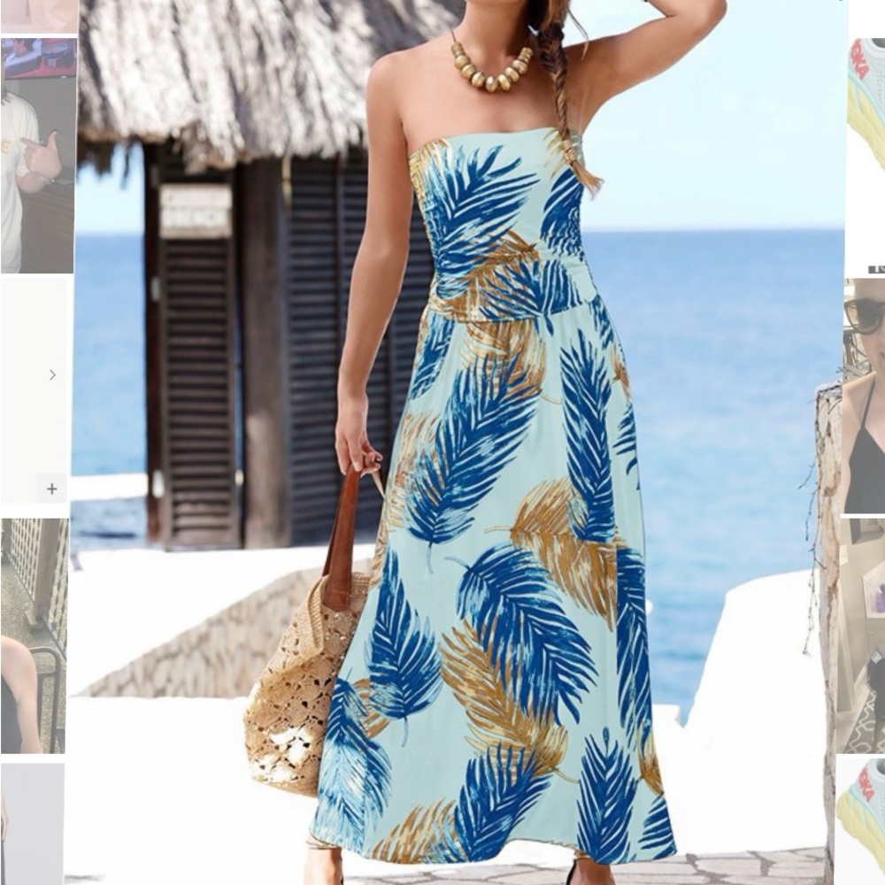 VENUS - Strapless Blue and Gold Leaf Print Maxi Dress